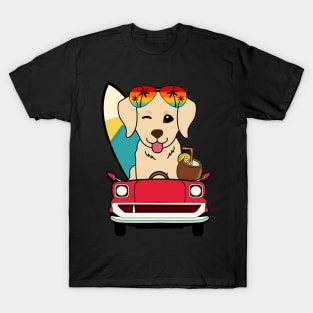 Surfer golden retriever driving to the beach T-Shirt